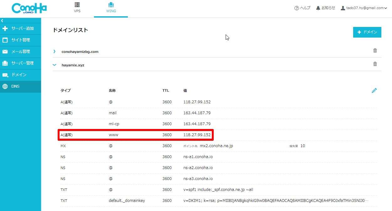 「DNS」の項目でドメインを見ると赤枠で示している部分のIPアドレスと同じであることがわかる