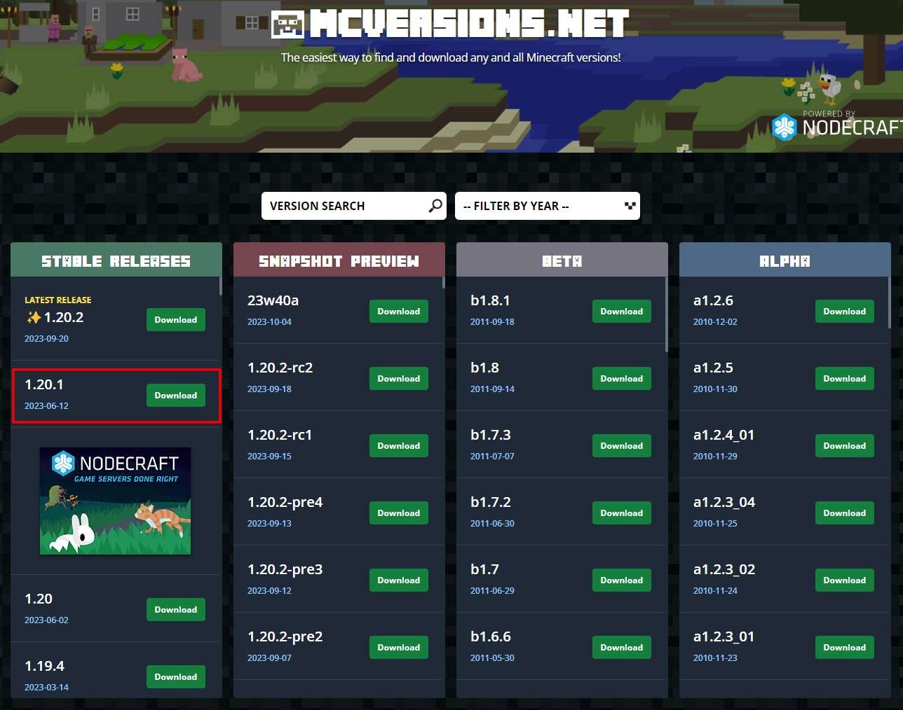 まずは以下のサイトからマイクラJavaバージョン1.20.1をダウンロードします。